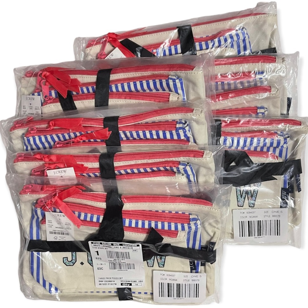 J. CREW Canvas Pouches Set of Three Crab Logo Stripe Set Zippered Cosmetic Bags - Picture 5 of 6